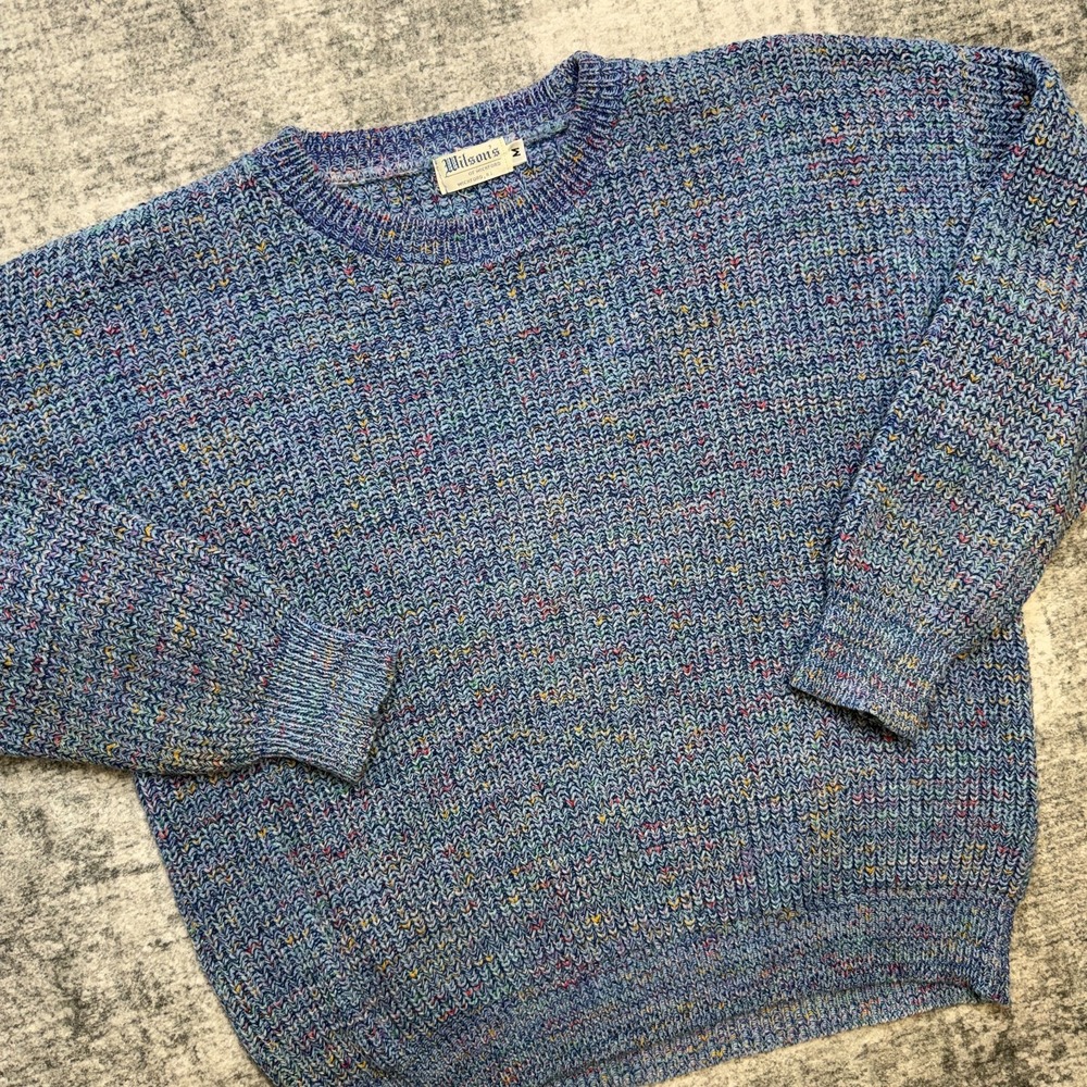 VTG Wilsons Wickford Sweater Medium Blue Rainbow Chunky Knit Teacher Kidcore